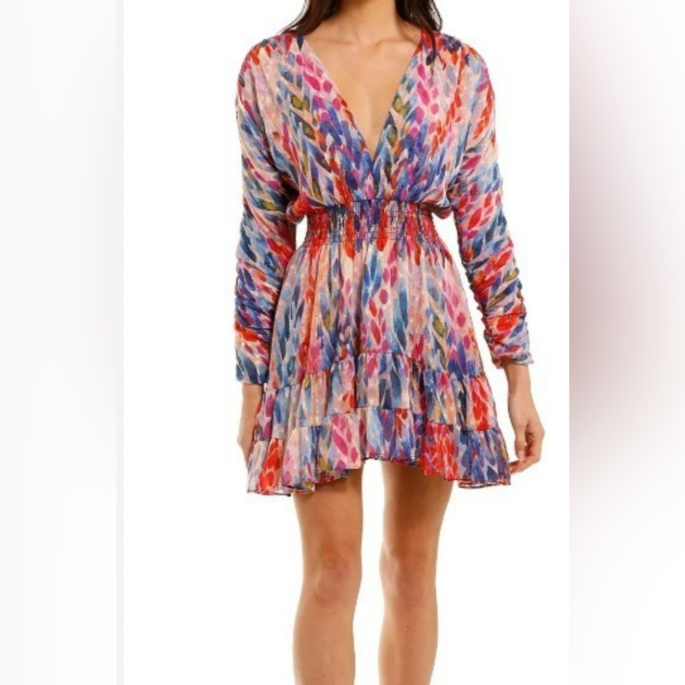 MISA Los Angelos Multicolor V-Neck Tiered Mini Dress